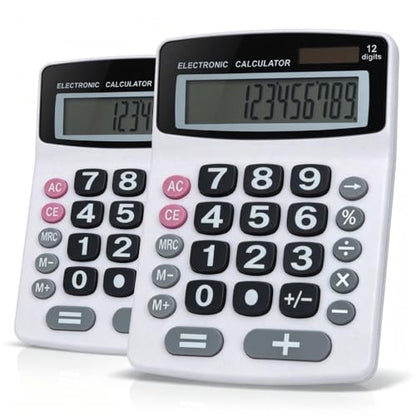 Lily's Home Jumbo 12-Digit Desktop Calculator Set of 2 (White), Solar/Battery Dual Power, Large Tilted LCD Display, Big Button Design, Quiet Operation, for Office, School, Business & Home Use - color: White-2PK