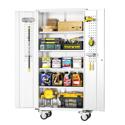 INTERGREAT Rolling Metal Cabinet with Wheels,72" Locking Storage Cabinet with Adjustable Shelves,Large Capacity Pulley Cabinets for Home Office,School,Garage(White) - color: White, size: RMC-Pegboard