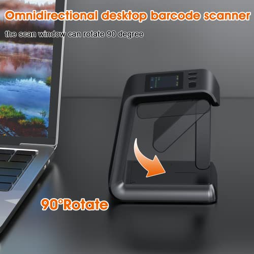 Alacrity 2D QR Wireless Barcode Scanner Hands-Free Omnidirectional Desktop Bar Code Scanner with Screen Display Compatible with Bluetooth & 2.4GHz Wireless for Airport Supermarket