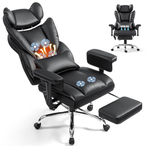 6 Points Massage Heated Home Office Chair with Foot Rest, Black - color: Black