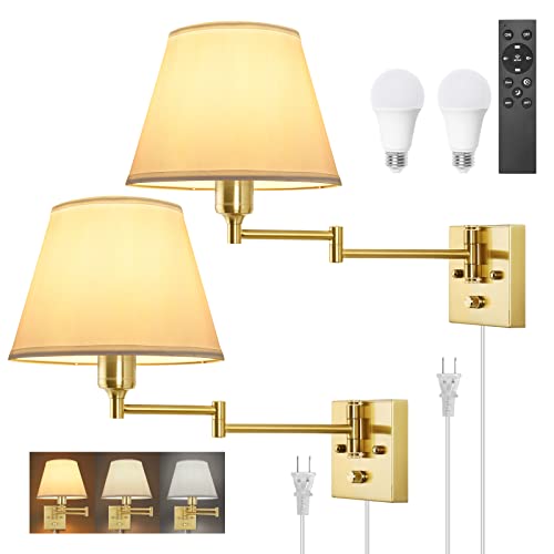 TRLIFE Dimmable Wall Sconce, Remote Control Dimming 10-100% and Adjustable Color Temperature 2700K-6500K Brushed Brass Swing Arm Wall Lights with Plug in Cord, 9.4" Medium White Shade(2 Pack, 2 Bulbs) - color: Gold-Remote, size: Medium