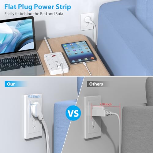Flat Extension Cord 15 Ft,SMNICE Power Strip with Widely Spaced Outlet | 8 Outlet and 6 USB(1USB C) Ports, Wall Mount Long Charging Station for Dorm Home, Office Accessories,White - color: White, size: 15FT