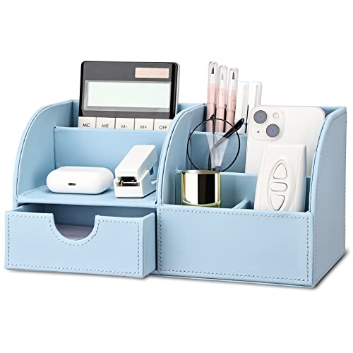 Pu Leather Desk Organizer Pen Pencil Holder Office Supplies Caddy Storage Box 6 Compartments with Drawer Blue - color: Blue