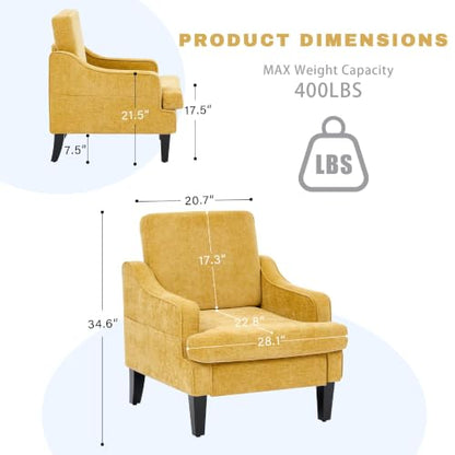 Set of 2 Accent Chair for Living Room,Mid-Century Arm Chair Chenille Fabric Living Room Chairs,Upholstered Reading Chair for Bedroom,Single Sofa Chair with Wood Legs for Apartment (Yellow) - color: Yellow