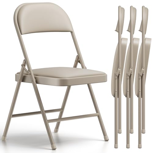Folding Chairs 4 Pack, PU Leather Padded Folding Chairs for Outside and Indoor, Heavy Duty Portable Foldable Metal Commercial Seat for Home Office, Dorm, Party, Backyard, Lawn, Patio, Khaki - color: Khaki, size: 4 Pack