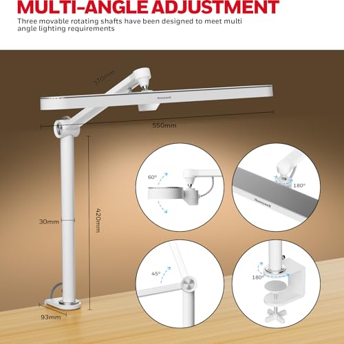 Honeywell 05B02 LED Desk Lamp with Clamp, Task Lamp for Home Office | Sunturalux Natural Daylight, CRI≥97 1300LM 4000K, RG0 Low Blue Light, Flicker-Free, Full Metal Clip On Lamp for Study Work