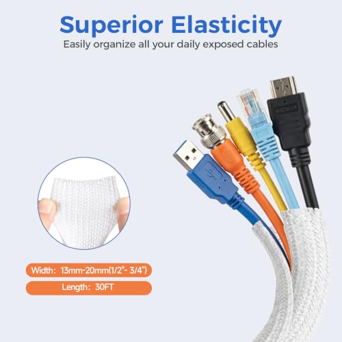 Delamu 30ft - 1/2 inch Cable Sleeve Cord Protector from Pets No Chew, Split-Braided PVC Wire Loom Tubing for Desk Computer USB TV Cord Organizer, Easy Set-up Cable Management Sleeve Kit, White - color: White, size: 1/2"-30ft