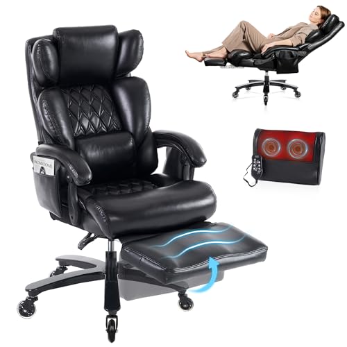 Big and Tall Ergonomic Massage Office Chair with Footrest, PU Leather Black | 3 Removable Cushions, Heat Vibration Massage, Lumbar Support, High Back Reclining 105°-160°, 2 Pockets, Silent Wheels, 500LBS - color: Black