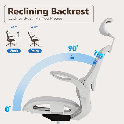 Ergonomic Mesh Office Chair- White Desk Chair, Flip-Up Armrest, Adjustable Headrest, Tilting with Soft Seat and PU Wheel, Elite Home Desk Chair for Work, Study, Gaming (GY1108) - color: White Mesh