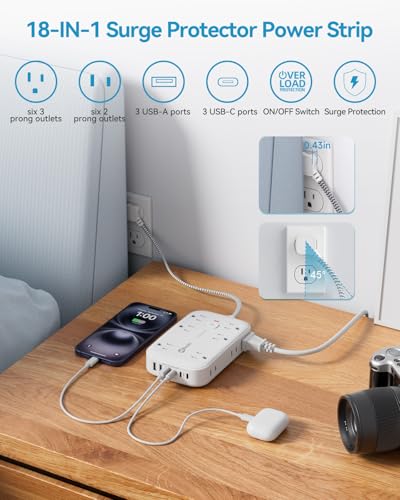 1FT Flat Multi Plug Extender 12 AC Outlets with 6 USB Wall Charger(3 USB C) - size: 1 FT, style: 12AC+3U3C