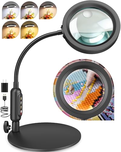 30X 10X Magnifying Glass with Light and Stand, 5 Color Modes Stepless Dimmable, Optical Grade HD Lens, LED Lighted Magnifier Hands Free with Flexible Gooseneck for Close Work, Craft, Hobby, Painting - color: Black, size: 4.3in-16in & Base