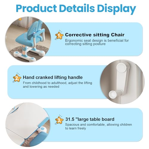 Kid Study Desk and Chair Set 3-12 Height Adjustable Ergonomic Desk | School Art Desk, 50° Tiltable Desktop, Easy-Turn Crank, Storage Drawer & Built-in Bookstand for Children Boys & Girls - color: 013-blue-31.5in