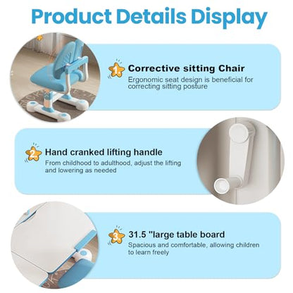 Kid Study Desk and Chair Set 3-12 Height Adjustable Ergonomic Desk | School Art Desk, 50° Tiltable Desktop, Easy-Turn Crank, Storage Drawer & Built-in Bookstand for Children Boys & Girls - color: 013-blue-31.5in