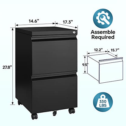 MIIIKO 2 Drawer File Cabinet on Wheels, Home Office Mobile Under Desk with Lock, Vertical Files Drawers for Legal/Letter/A4,Fully Assembled - color: Black, size: 2 Drawer-14.57"W -Mobile-b