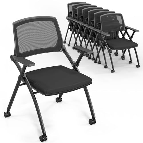VINGLI 8 Pack Stackable Conference Room Chairs with Wheels, Folding Office Chair with Rebound Back, Padded Seat for Training Room, Guest, Reception, Event, Capacity 350lbs, Black - size: 8 Pack