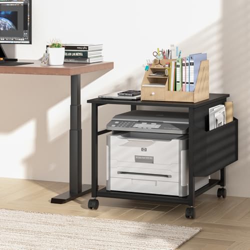 Lerliuo Black Large Printer Stand with Storage | 23.6" W x 23.6" D x 22.8" H Printer Table for Home Office, Rolling Printer Cart Holder with Lockable Wheels & Side Pocket - color: Black