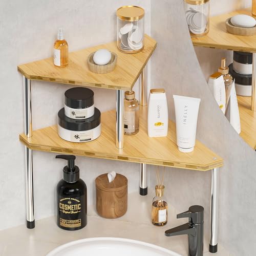 Weenson Bathroom Organizer Countertop Corner Shelf – 2 Tier Bathroom Organization Bamboo Spice Rack Kitchen Countertop Organizer Space Saving Storage Shelves Living Room Office Home Decor - color: Yellow