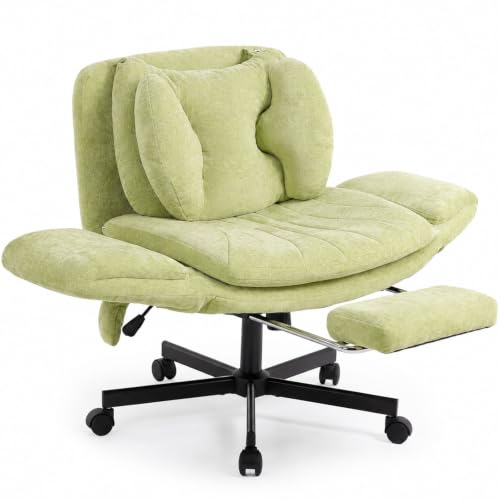 Criss Cross Office Chair with Footrest and 5-Gear Adjustable Arms, Green | Wide seat cross-legged desk chair, flip lumbar pillow, airbag support, linen fabric, for home office, vanity and meditation - color: Green-linen