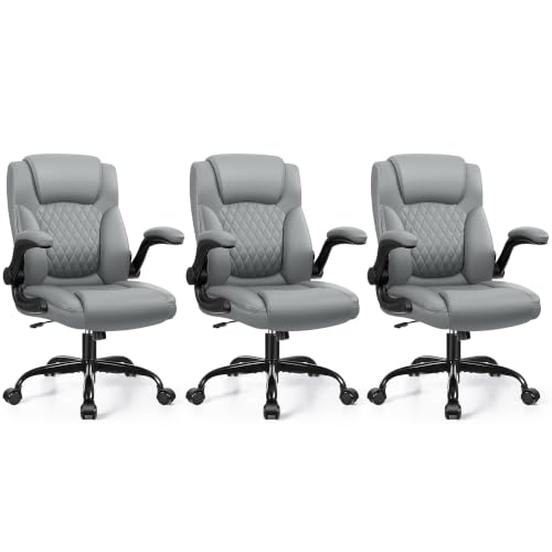 Leather Office Chair, PU Home Computer Desk Chairs with Ergonomic Back Support, 360°Swivel Free，Small Gaming Chair with Wheels and Adjustable Armrests, for Short People Use - color: Grey, size: 3 Pack