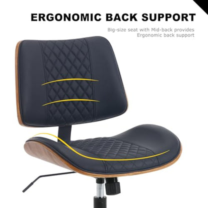 BV Small Desk Chair, Mid Century Office Chair with Bentwood Back, Armless Task Swivel Chair with Wheels, Mid Back No Arms, Faux Leather Office Chairs for Small Space, Black - color: Black, size: MCM Style