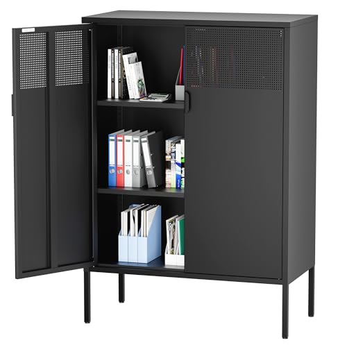 Ustamio Black Metal Storage Cabinet, Metal Locker Storage Cabinet with Doors and Shelves, 3 Tier Steel Office Storage Cabinet, Metal Sideboard for Home, Office, Kitchen and Coffee Bar - color: Black, size: 47.2"H-Metal Doors