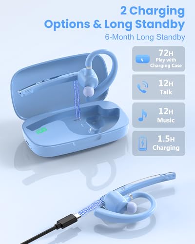 Bluetooth Headset,72H Work Single-Ear Wireless Earpiece for Cell Phone Call | 2 Charging Ways & 500mAh Charging Case,Dual Mic ENC Noise Cancel, Mute Button,V5.1 Hands-Free for Phone and Laptop - color: Light blue