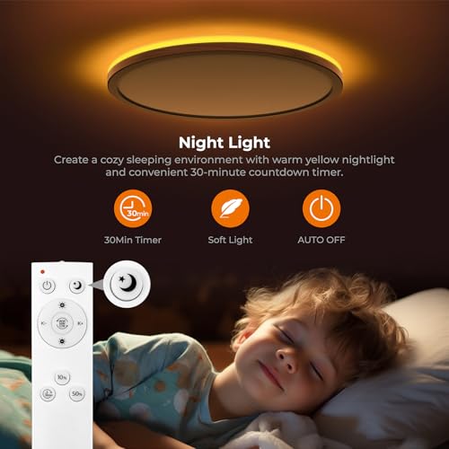 Matane 12in Flush Mount Ceiling Light Fixture with Remote Control, Nightlight 2000K Warm, 3000K-6500K Adjustable, Wired Low Profile Ceiling Lights for Bedroom, Kitchen, Living Room Walnut - color: Walnut, size: 12 Inch