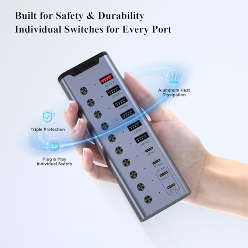Powered USB Hub, Individual Switches and 24V/3A Power Adapter - color: Gery