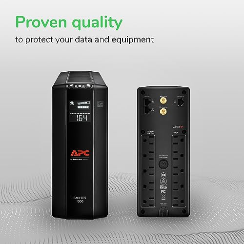 APC UPS 1500VA/900W Battery Backup for PCs, Office Electronics, BX1500M | Back-UPS Pro UPS for home offices. 10 outlets, LCD, AVR, surge protection, 68-min runtime (@100W) for PCs & workstations