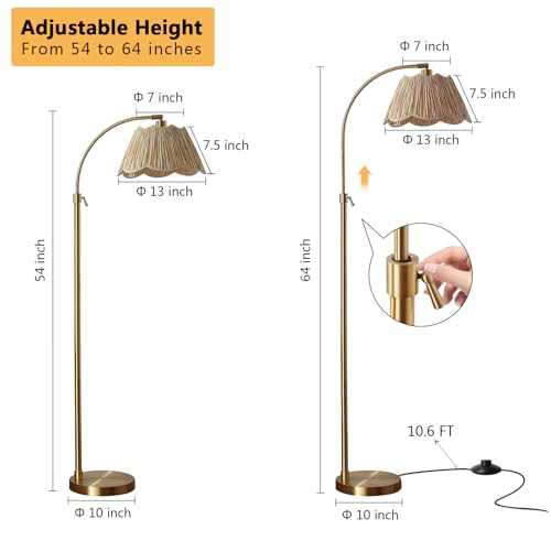 64'' Adjustable Arc Floor Lamp with Natural Rattan Woven Shade - color: Gold