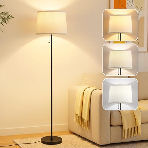 Floor Lamps for Living Room & Bedroom, 60" Modern Tall Standing Lamp, 3CCT | Lamps for Office, Classroom, Bedside, Linen Lampshade, Pull Chain Switch, Modern Design, Anti-glare Lighting, Easy Assembly - color: Dot Drum-Shades+Black Pole