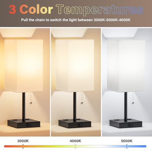 Bedside Lamp for Bedroom Set of 2 - Table Desk Lamp for Nightstand | USB A+C Ports, AC Outlet, 3 Color Temperatures, LED Bulb Included, Pull Chain, 14" Rectangular Desk Lamp for Office, 2-Pack - color: White, size: 17.4In