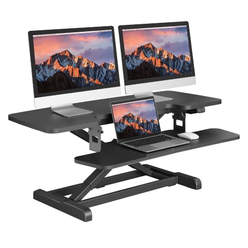 SANODESK 42" Electric Standing Desk Converter, Height Adjustable Riser for Office Home,Dual Monitor and Laptop Workstation with Large Keyboard Tray, Black Color - color: Black, size: 42"