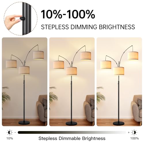 Dimmable Floor Lamp, 3 Lights Black Arc Floor Lamp, Modern Tall Standing Tree Lamp with Beige Linen Shades & Heavy Base, 3000LM LED Bulbs, Bright Lighting for Living Room, Bedroom, Office & Reading - color: Matte Black- Beige Linen Shade