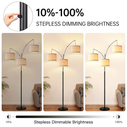 Dimmable Floor Lamp, 3 Lights Black Arc Floor Lamp, Modern Tall Standing Tree Lamp with Beige Linen Shades & Heavy Base, 3000LM LED Bulbs, Bright Lighting for Living Room, Bedroom, Office & Reading - color: Matte Black- Beige Linen Shade