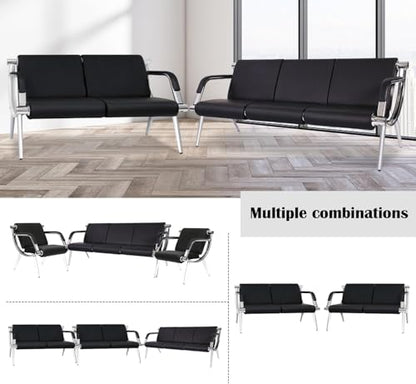 Kinsuite 2pcs 3-Seat Office Reception Waiting Room Chairs - Guest & Reception Chairs for Salon Barber Bench Airport Bank Hall Visitor Guest Black PU Leather Office Sofa, Black - size: 3-seat*2