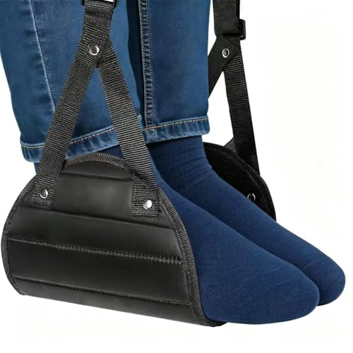 Airplane Foot Hammock, 1 Pack Black Portable Leg Rest with Removable Cushion, Ergonomic Foot Hammock Travel Essentials for Plane Car Office Home Long Flight Relaxation