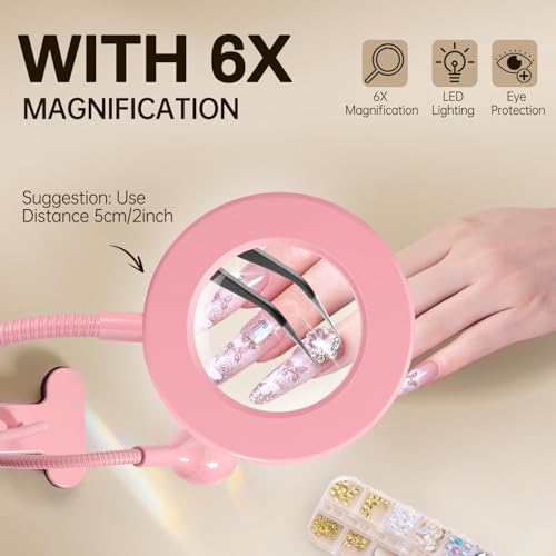 AORAEM LED UV Nail Lamp with Double-Head and 6X Magnifier, Pink | Gooseneck Lamp for Gel Nails, Flash Cure Lamp for Home DIY Salon - color: Magnifier-Pink