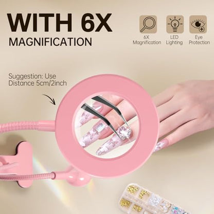 AORAEM LED UV Nail Lamp with Double-Head and 6X Magnifier, Pink | Gooseneck Lamp for Gel Nails, Flash Cure Lamp for Home DIY Salon - color: Magnifier-Pink