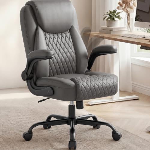 COMHOMA Mid-Back Office Chair, Ergonomic PU Desk Chair with Flip up Arms, Small Computer Gaming with Comfy Lumbar Support,Rocking Function,Sturdy Metal Base, Grey - color: Grey
