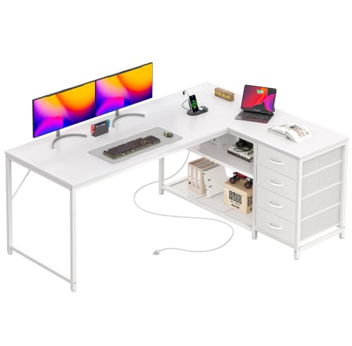 PRAISUN 53" L Shaped Desk with Power Outlets & 4 Drawers | Reversible Computer Desk with 2 Storage Shelves, Large Corner Office Desk for Gaming Writing Work Study, White - color: White, size: 53 Inch