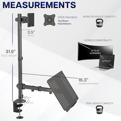 VIVO Extra Tall Desk Mount for up to 49 inch Ultrawide and Tray for up to 17 inch Laptop, Clamp-on Adjustable Stand Holds 44 lb Screens, VESA up to 100x100, Black, STAND-V012C