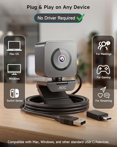 AOC 4K Webcam for PC, Sony Sensor, 1080P 60FPS Streaming Camera with PDAF