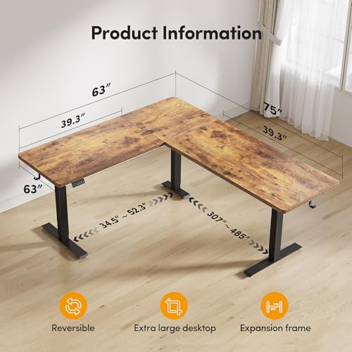 CubiCubi 75“ x 63" L Shaped Standing Desk Adjustable Height, Electric Corner Desk, Sit Stand Home Office Desk with Splice Board, Rustic Brown - color: Rustic Brown, size: 75x63