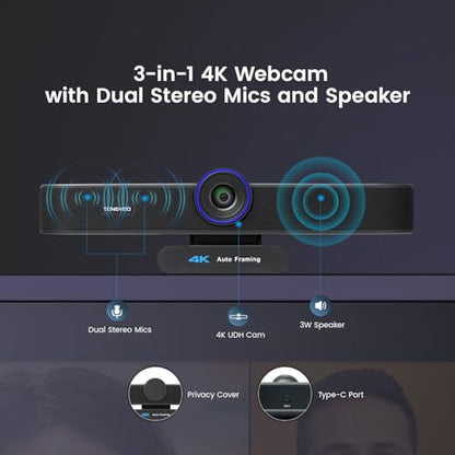 TONGVEO 3-in-1 4K Webcam with Microphones and Speaker, AI Auto-Tracking 5X Digital Zoom Webcam 4K Adjustable Field of View Remote Control Works with Microsoft Teams, Zoom, Google Meet, PC Mac Laptop