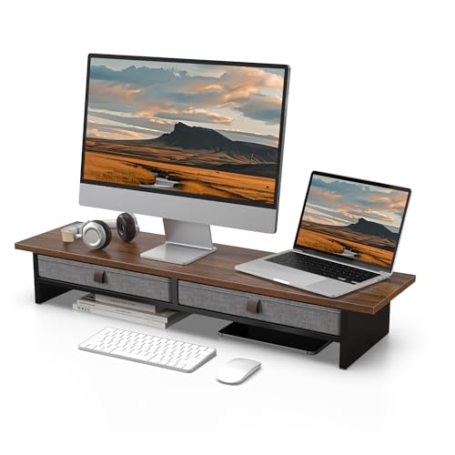 Fenge 35 Inch Monitor Stand with Drawer Storage, Computer Riser for Desk - color: Brown