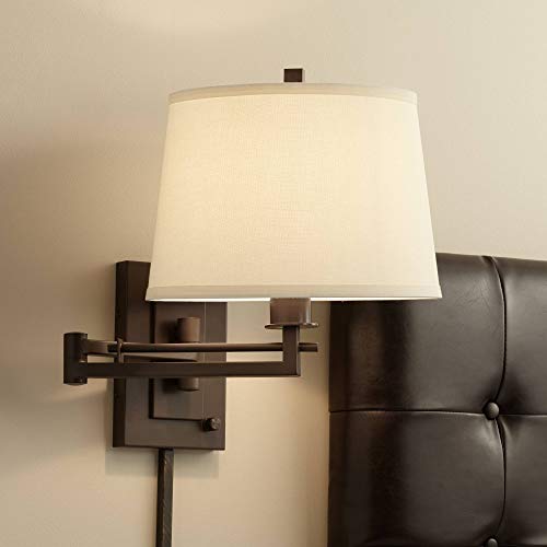Easley 15" Bronze Plug-In Swing Arm Modern Wall Lamp Light Fixture | Adjustable Cord Matte Brown Dimmable Fabric Drum Shade for Bedroom Bedside Living Room Reading Kitchen