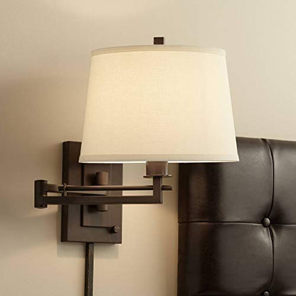 Easley 15" Bronze Plug-In Swing Arm Modern Wall Lamp Light Fixture | Adjustable Cord Matte Brown Dimmable Fabric Drum Shade for Bedroom Bedside Living Room Reading Kitchen