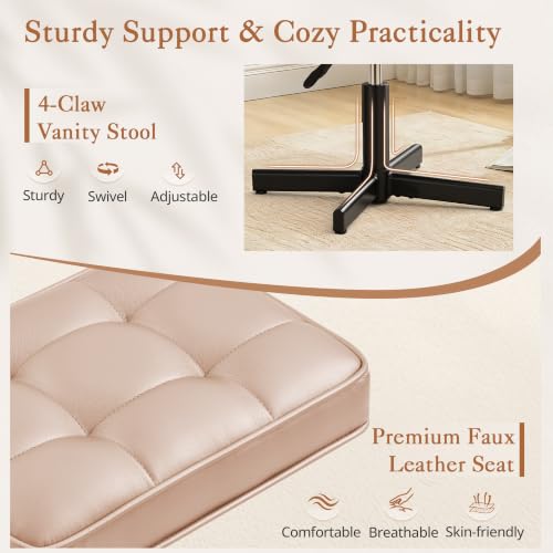 LUE BONA Adjustable Vanity Stool, 15''-19.5'' Foot Rest Under Desk, 360° Swivel Vanity Chair for Makeup Room, Rose Gold Upholstered Faux Leather Ottoman for Bathroom & Living Room, 300lbs - color: Rose Gold