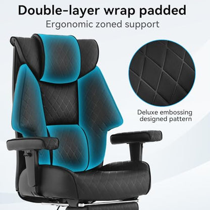 EXCEBET Big and Tall Office Chair with Footrest, PU Leather High Back Executive Office Chair 400lbs, Ergonomic Computer Chairs Lumbar Support for Heavy People (All Black) - color: All Black